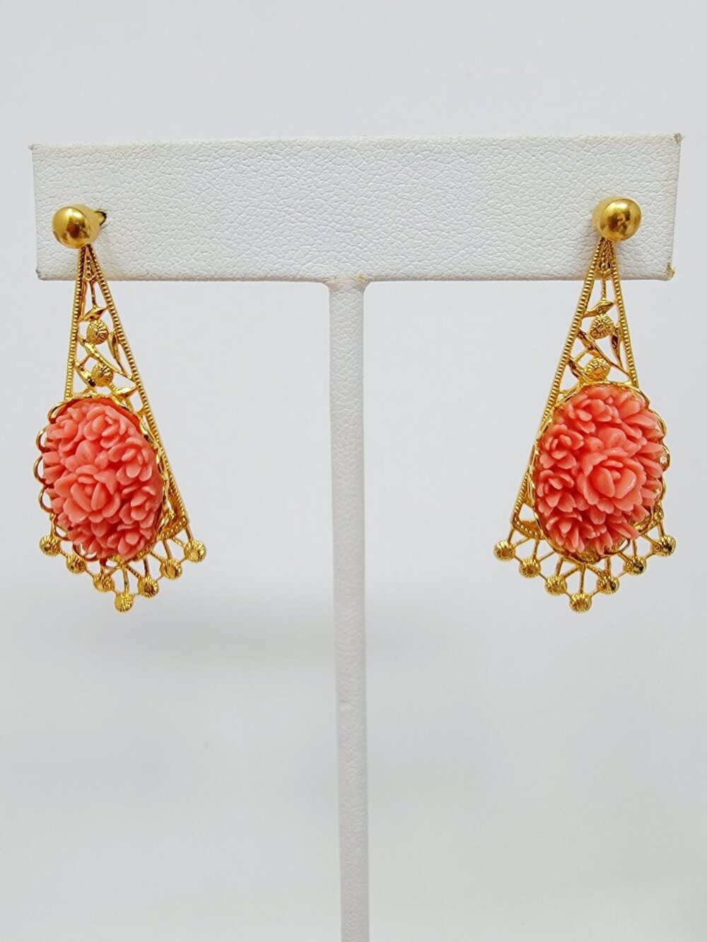 Vintage Coral Orange Resin Floral Filigree Convertible Earrings